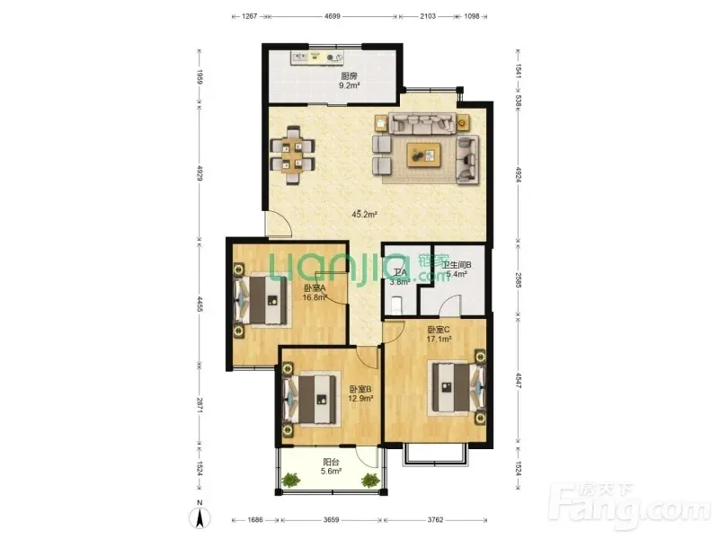 市中建设路汇统花园 3室2厅 138㎡ 2350元/月