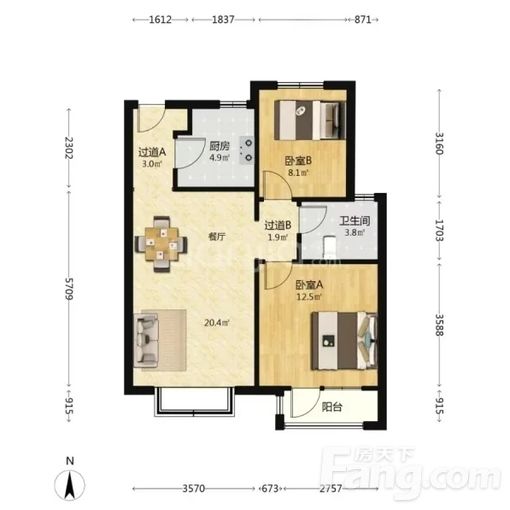 黄岛安子片区山海湾 2室2厅 86.93㎡ 1580元/月