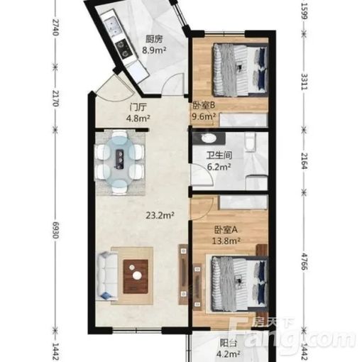 合租:次卧丰台丽泽桥丰益花园西区 2室1厅 90㎡ 2200